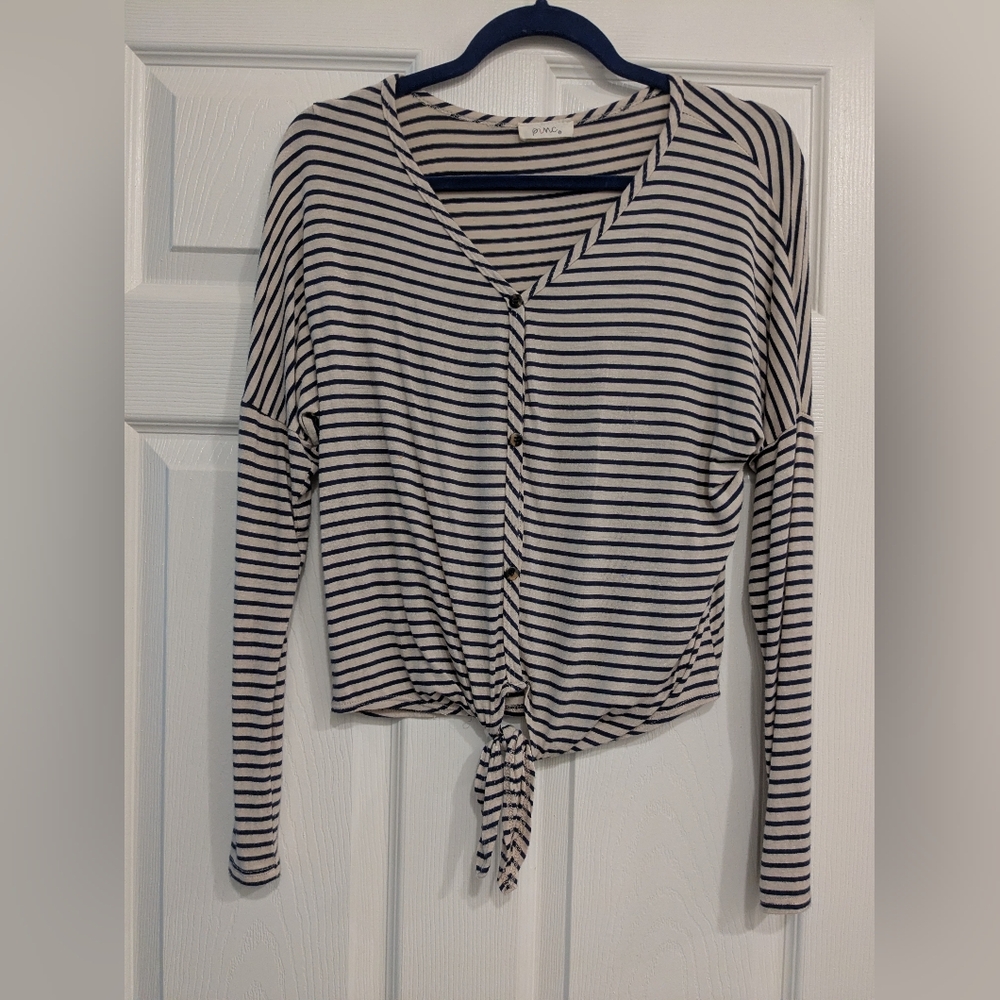 Pinc Navy and Cream Striped Tie-Front Long Sleeve Top